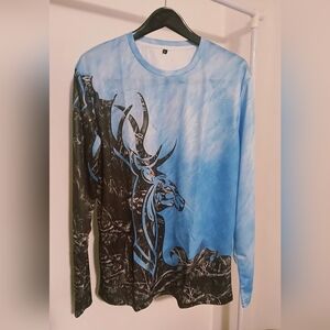 New Mens 3D Camo Deer Print Blue Lightweight Long Sleeve Dri-Fit T-shirt Size XL